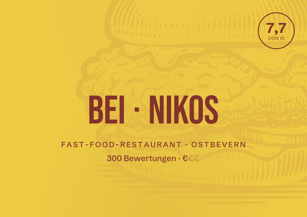Illustriertes Poster von Bei Nikos, Fast-Food-Restaurant in Ostbevern: Bewertung 7,7 von 10 aus 300 Bewertungen, Preisniveau €