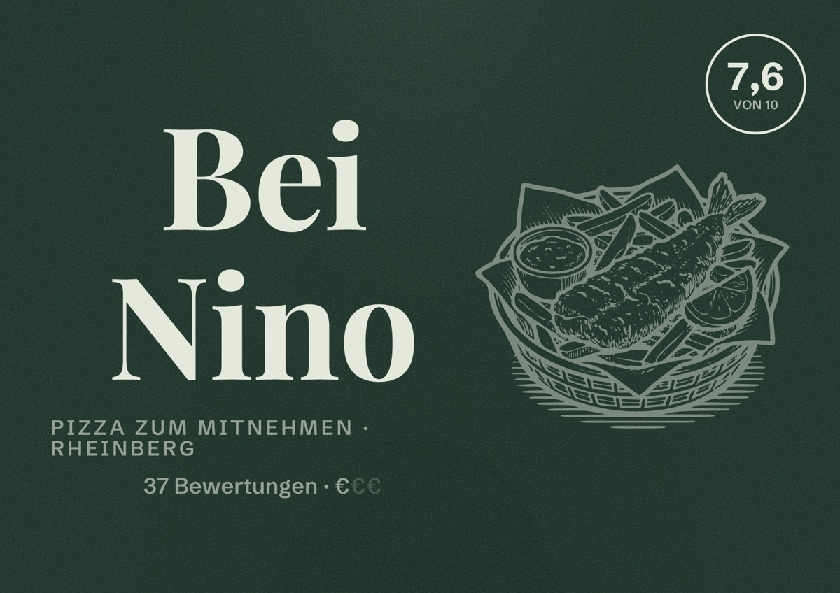 Illustriertes Poster von Bei Nino, Pizza zum Mitnehmen in Rheinberg: Bewertung 7,6 von 10 aus 37 Bewertungen, Preisniveau €