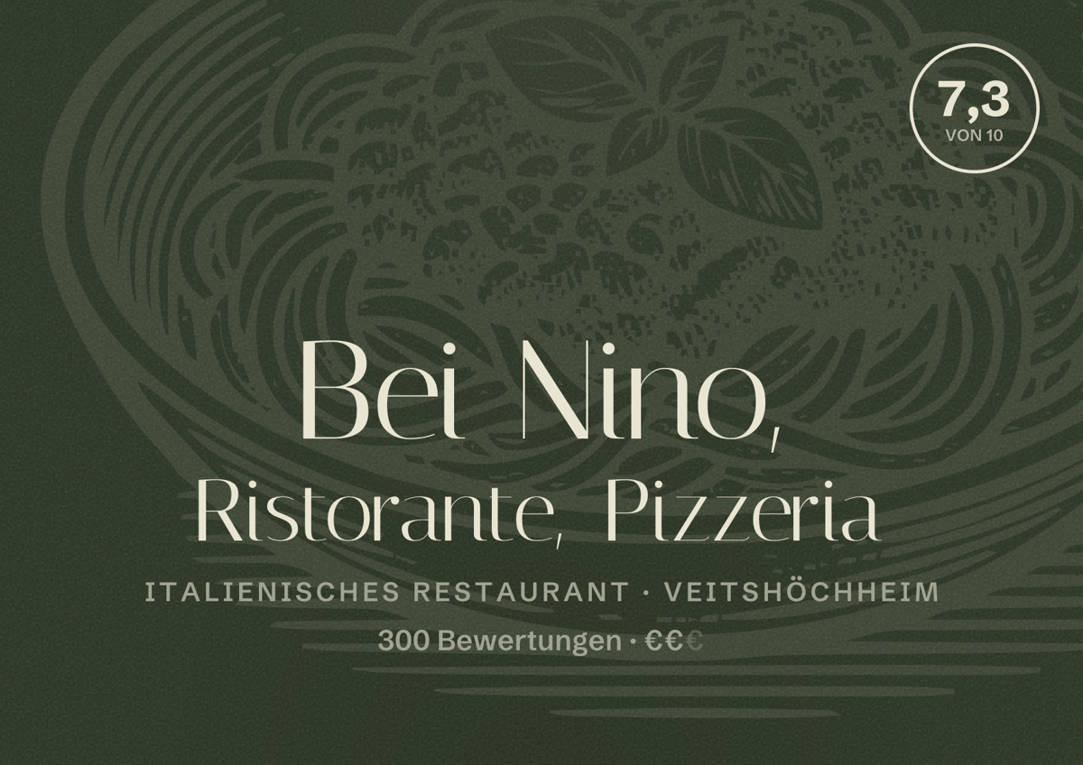 Illustriertes Poster von Bei Nino, Ristorante, Pizzeria, Italienisches Restaurant in Veitshöchheim: Bewertung 7,3 von 10 aus 300 Bewertungen, Preisniveau €€