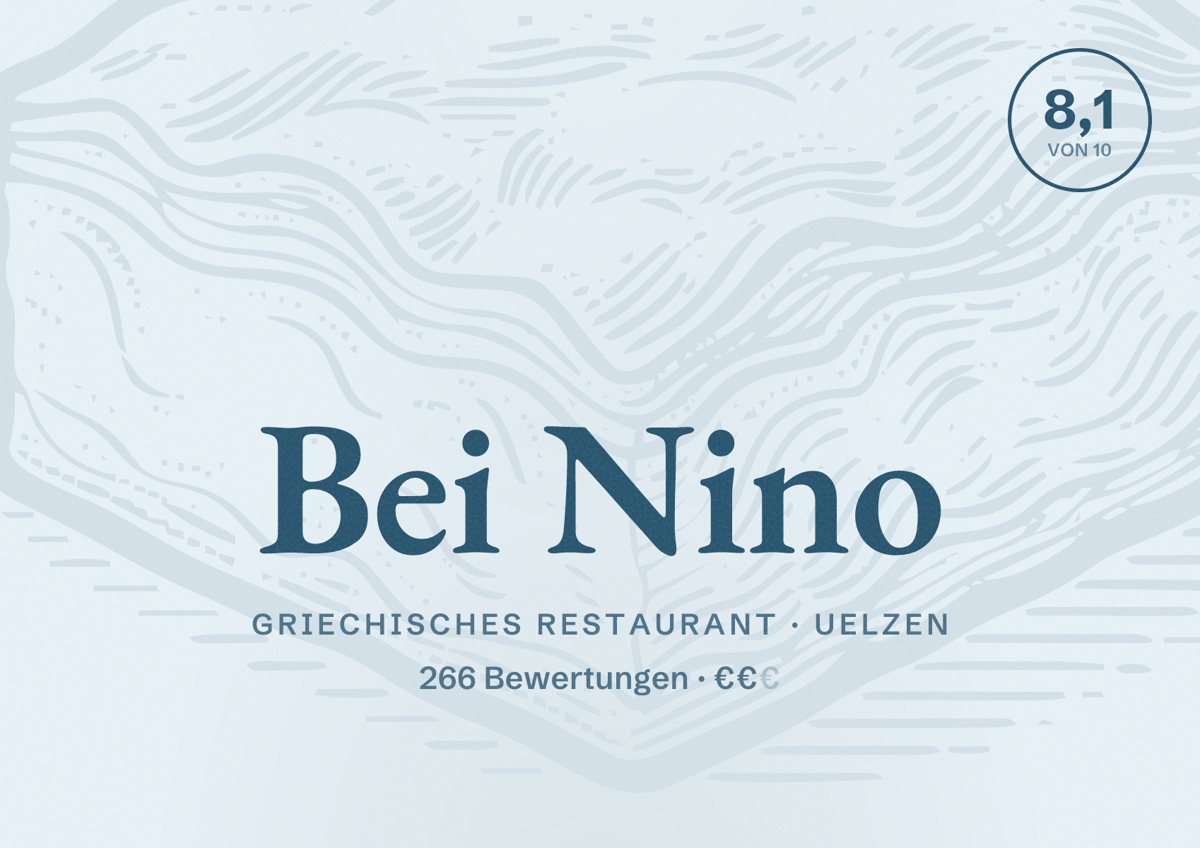 Illustriertes Poster von Bei Nino, Griechisches Restaurant in Uelzen: Bewertung 8,1 von 10 aus 266 Bewertungen, Preisniveau €€