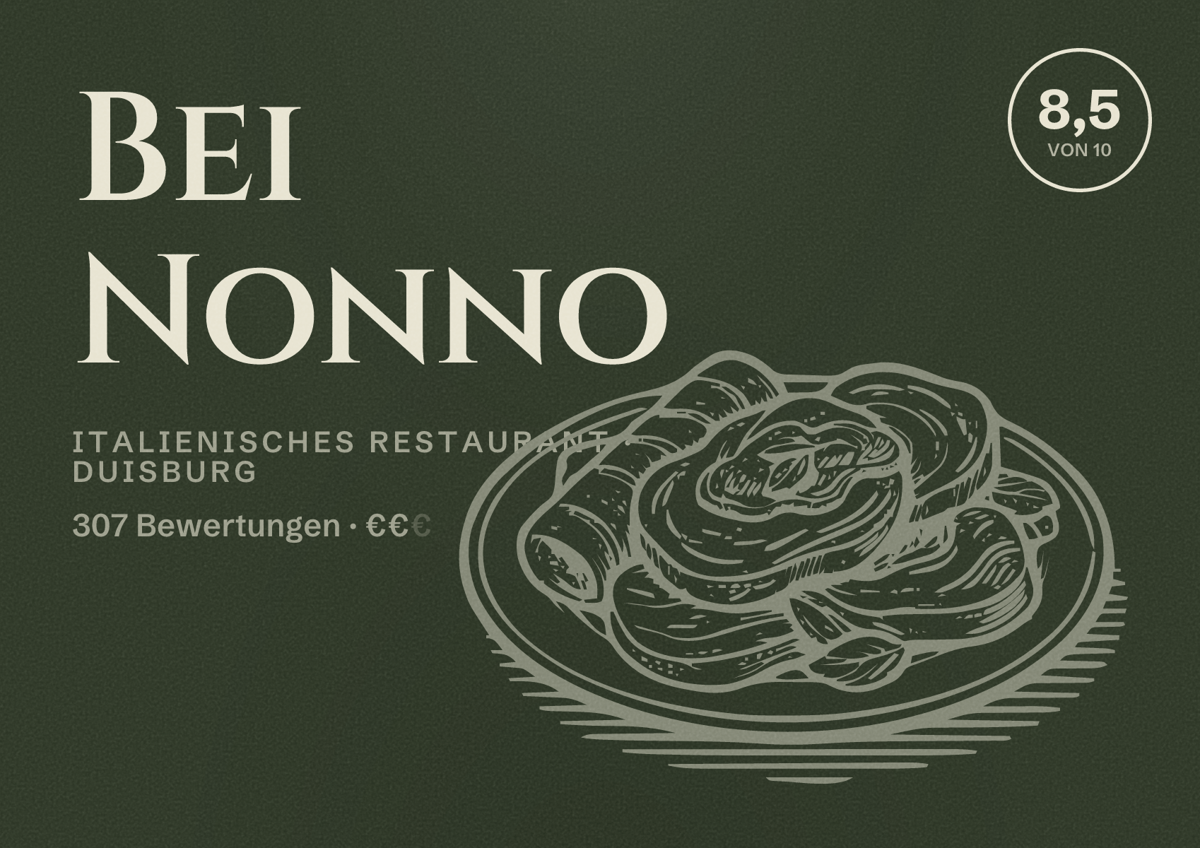 Illustriertes Poster von Bei Nonno, Italienisches Restaurant in Duisburg: Bewertung 8,5 von 10 aus 307 Bewertungen, Preisniveau €€
