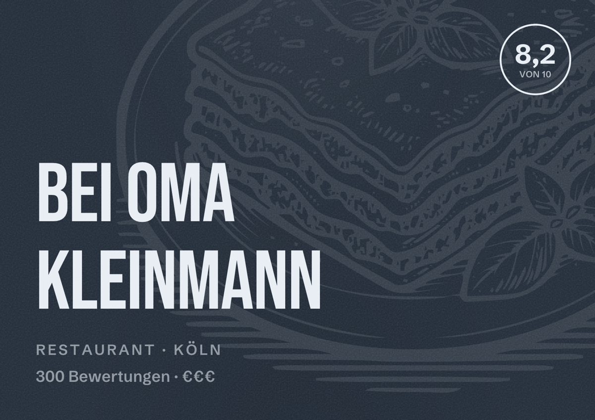 Illustriertes Poster von Bei Oma Kleinmann, Restaurant in Köln: Bewertung 8,2 von 10 aus 300 Bewertungen, Preisniveau €€€
