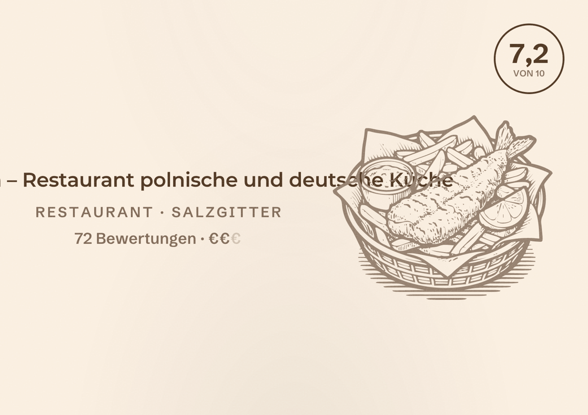 Illustriertes Poster von Bei Oma – Restaurant polnische und deutsche Küche, Restaurant in Salzgitter: Bewertung 7,2 von 10 aus 72 Bewertungen, Preisniveau €€