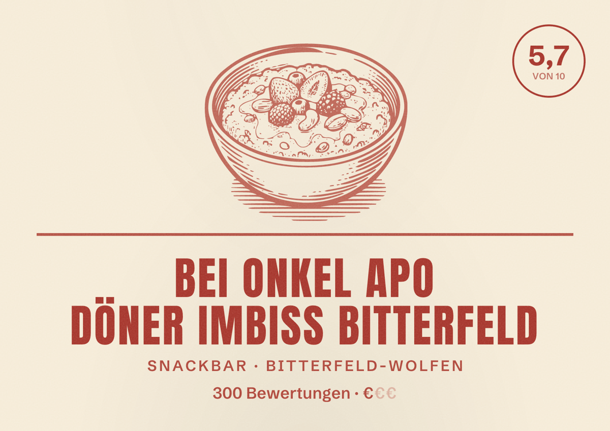 Illustriertes Poster von Bei Onkel Apo DÖNER Imbiss Bitterfeld, Snackbar in Bitterfeld-Wolfen: Bewertung 5,7 von 10 aus 300 Bewertungen, Preisniveau €