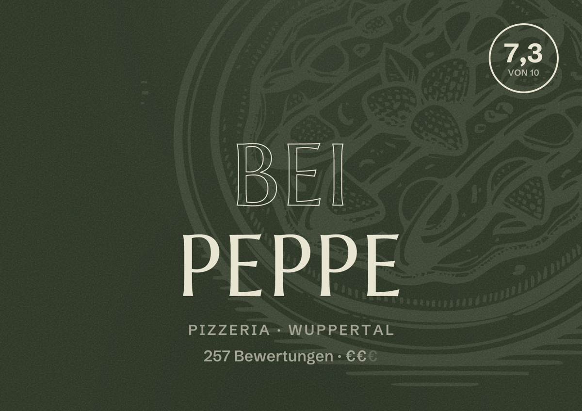 Illustriertes Poster von Bei Peppe, Pizzeria in Wuppertal: Bewertung 7,3 von 10 aus 257 Bewertungen, Preisniveau €€