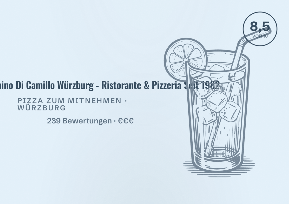 Illustriertes Poster von ,,bei'' Peppino Di Camillo Würzburg - Ristorante & Pizzeria Seit 1982, Pizza zum Mitnehmen in Würzburg: Bewertung 8,5 von 10 aus 239 Bewertungen, Preisniveau €€€