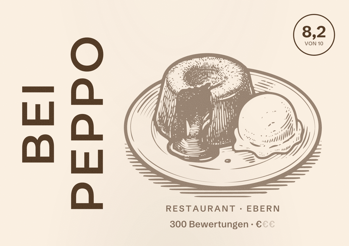 Illustriertes Poster von Bei Peppo, Restaurant in Ebern: Bewertung 8,2 von 10 aus 300 Bewertungen, Preisniveau €