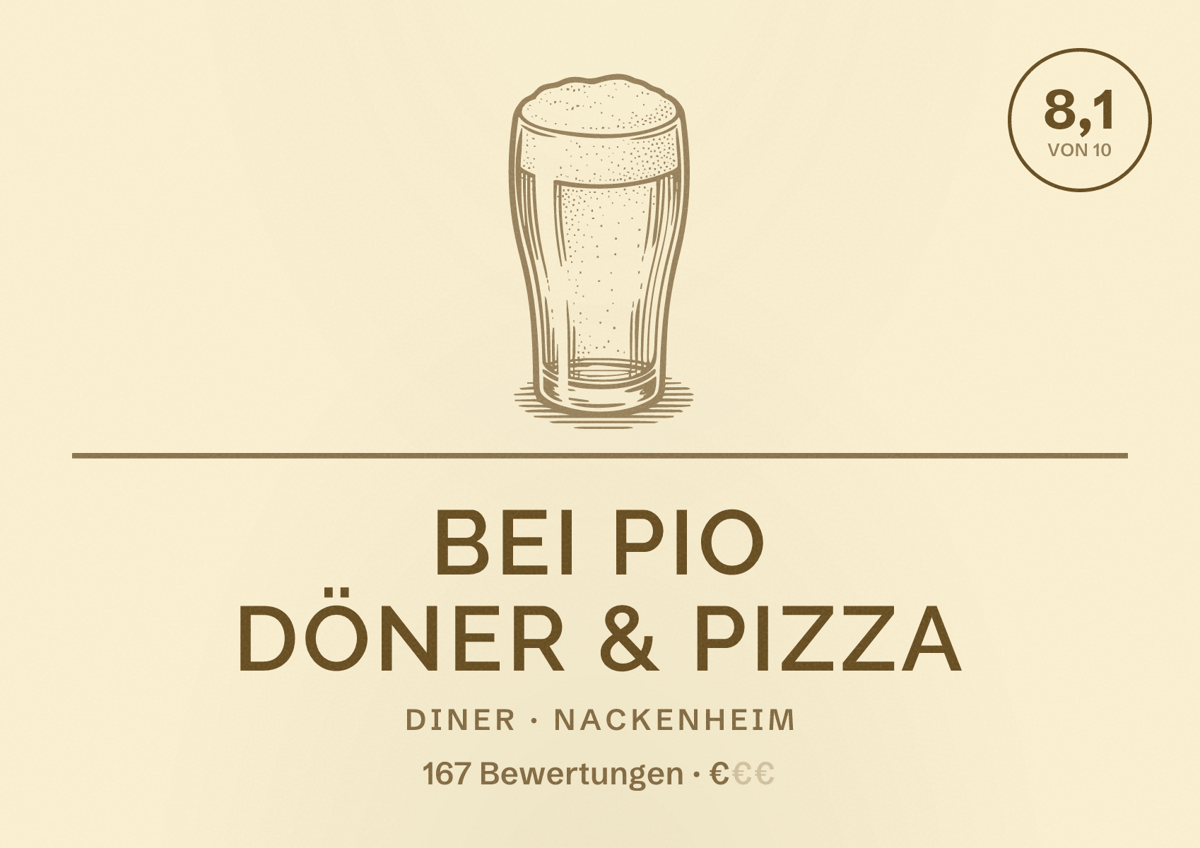 Illustriertes Poster von Bei Pio Döner & Pizza, Diner in Nackenheim: Bewertung 8,1 von 10 aus 167 Bewertungen, Preisniveau €