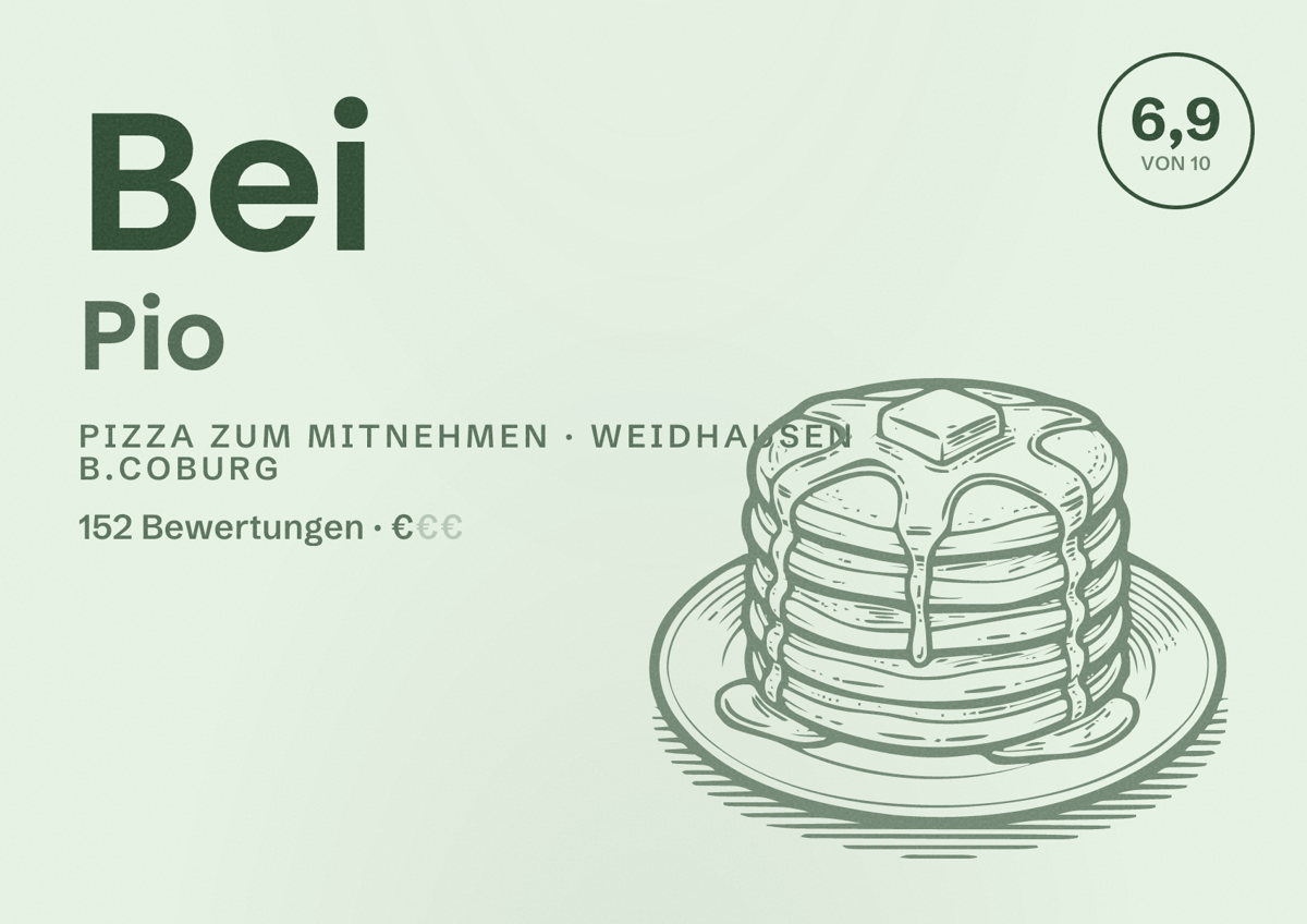 Illustriertes Poster von Bei Pio, Pizza zum Mitnehmen in Weidhausen b.Coburg: Bewertung 6,9 von 10 aus 152 Bewertungen, Preisniveau €
