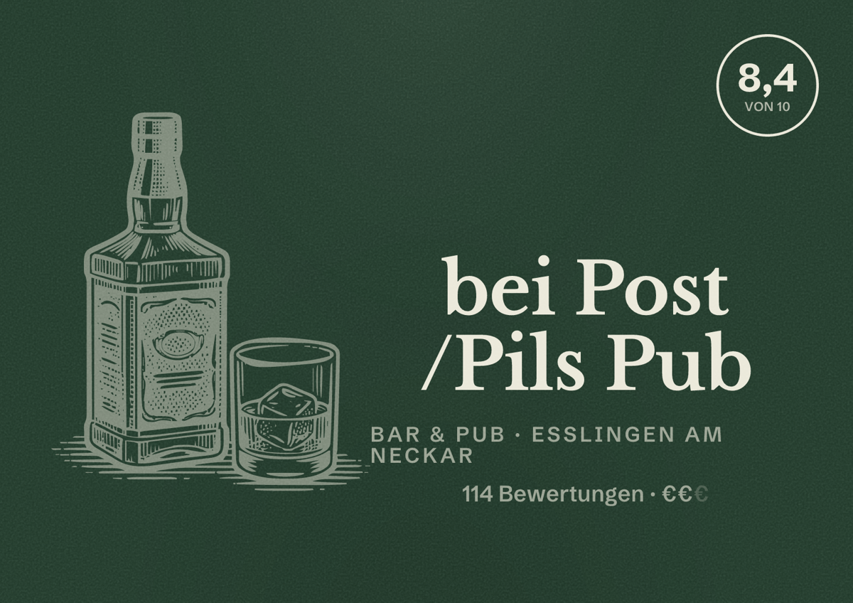 Illustriertes Poster von bei Post /Pils Pub, Bar & Pub in Esslingen am Neckar: Bewertung 8,4 von 10 aus 114 Bewertungen, Preisniveau €€