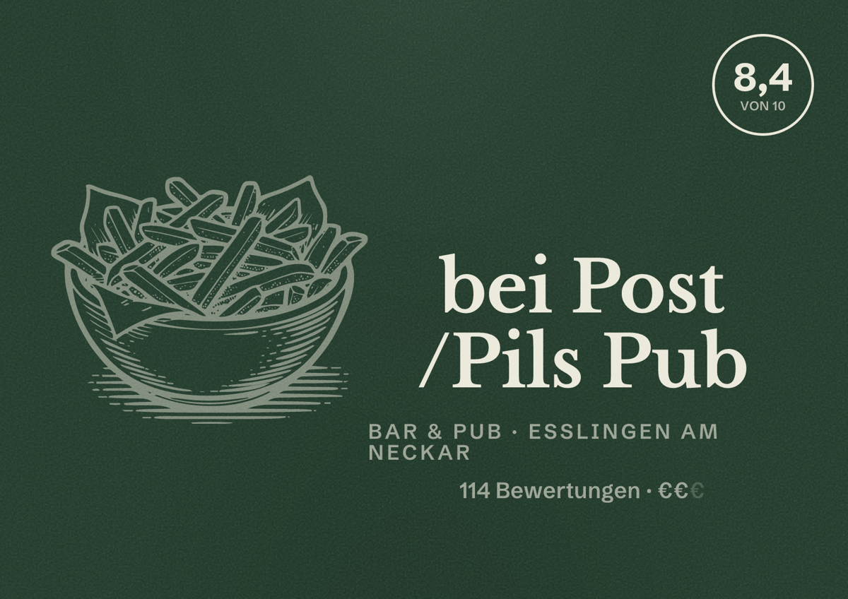 Illustriertes Poster von bei Post /Pils Pub, Bar & Pub in Esslingen am Neckar: Bewertung 8,4 von 10 aus 114 Bewertungen, Preisniveau €€