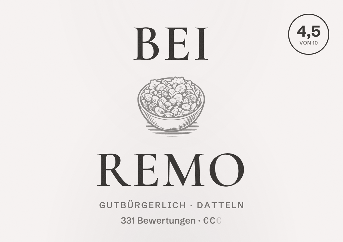 Illustriertes Poster von Bei Remo, Gutbürgerlich in Datteln: Bewertung 4,5 von 10 aus 331 Bewertungen, Preisniveau €€