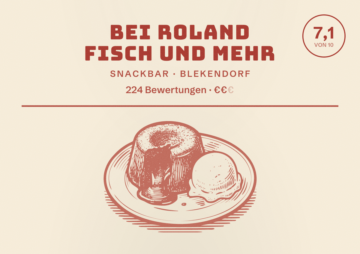 Illustriertes Poster von Bei roland fisch und mehr, Snackbar in Blekendorf: Bewertung 7,1 von 10 aus 224 Bewertungen, Preisniveau €€