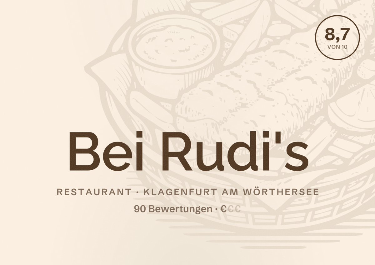 Illustriertes Poster von Bei Rudi's, Restaurant in Klagenfurt am Wörthersee: Bewertung 8,7 von 10 aus 90 Bewertungen, Preisniveau €