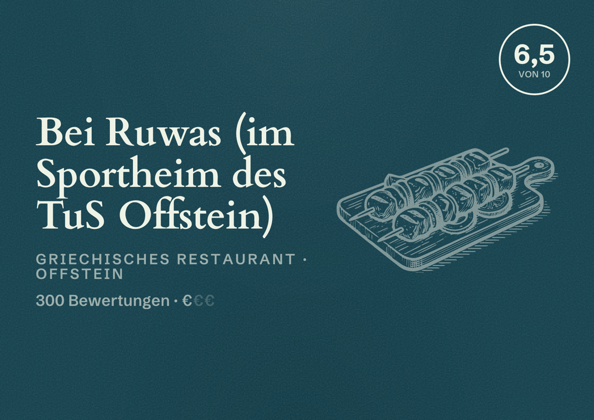 Illustriertes Poster von Bei Ruwas (im Sportheim des TuS Offstein), Griechisches Restaurant in Offstein: Bewertung 6,5 von 10 aus 300 Bewertungen, Preisniveau €