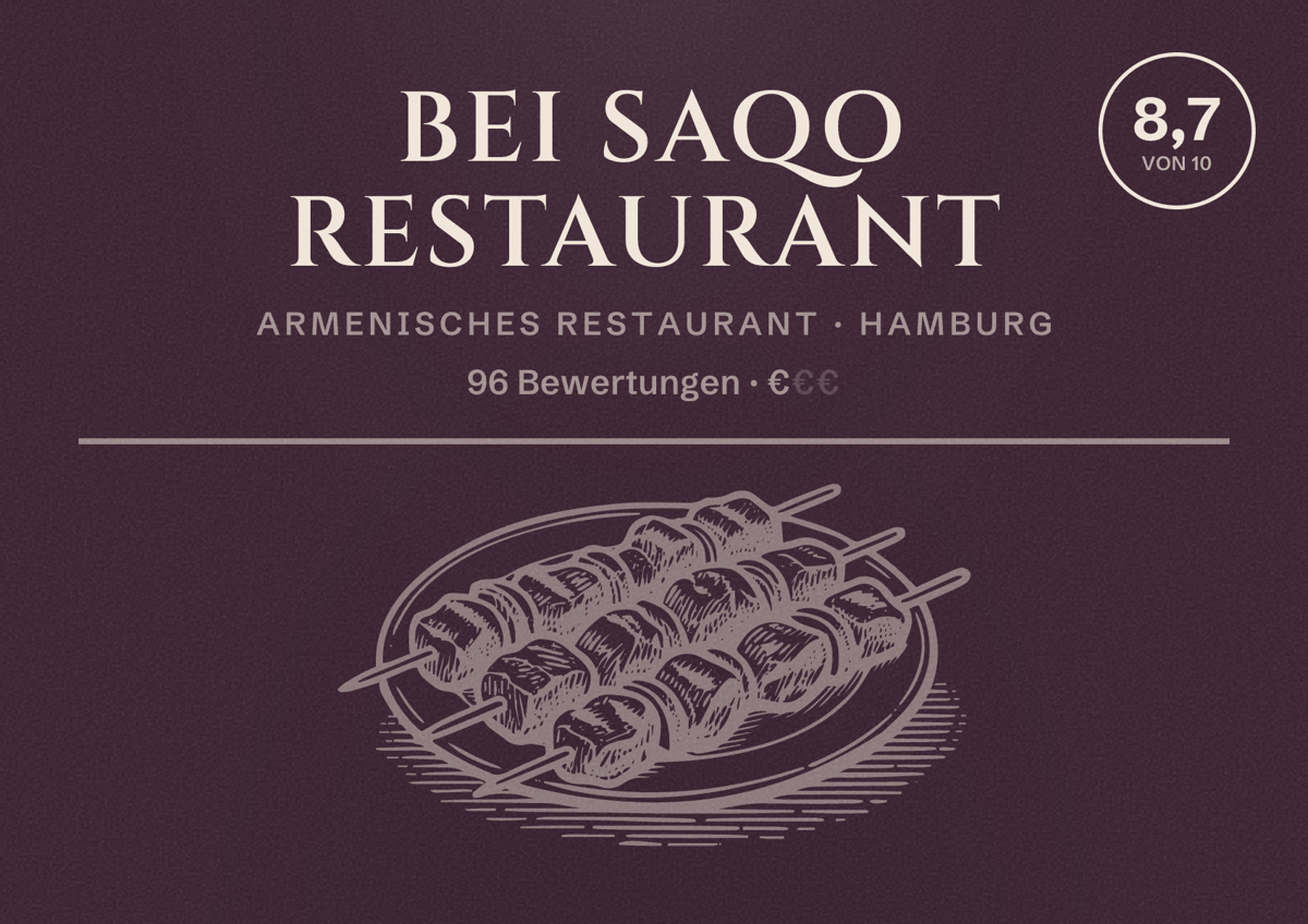 Illustriertes Poster von Bei Saqo Restaurant, Armenisches Restaurant in Hamburg: Bewertung 8,7 von 10 aus 96 Bewertungen, Preisniveau €