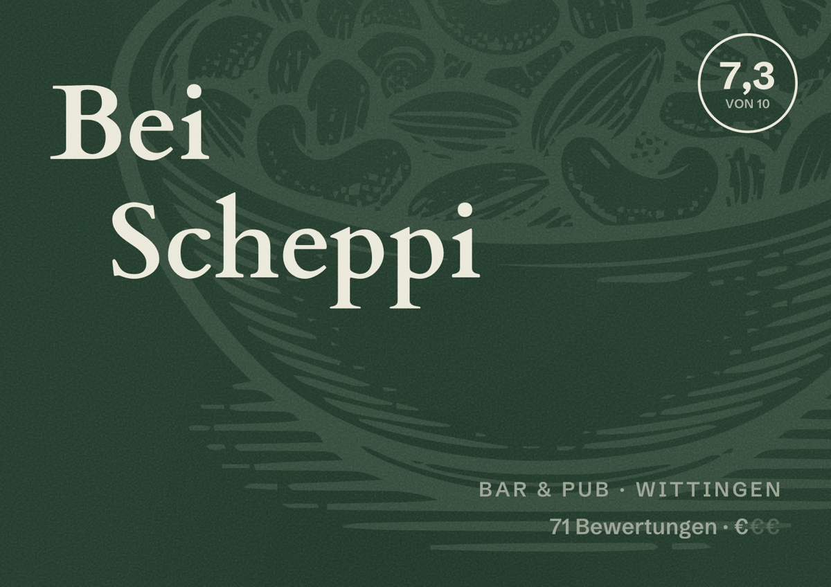 Illustriertes Poster von Bei Scheppi, Bar & Pub in Wittingen: Bewertung 7,3 von 10 aus 71 Bewertungen, Preisniveau €