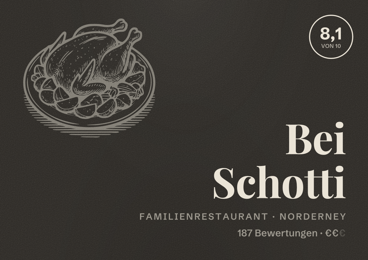 Illustriertes Poster von Bei Schotti, Familienrestaurant in Norderney: Bewertung 8,1 von 10 aus 187 Bewertungen, Preisniveau €€