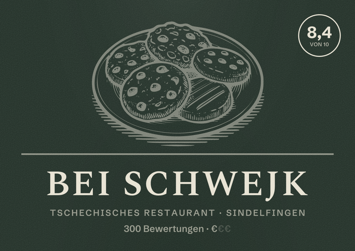Illustriertes Poster von Bei Schwejk, Tschechisches Restaurant in Sindelfingen: Bewertung 8,4 von 10 aus 300 Bewertungen, Preisniveau €