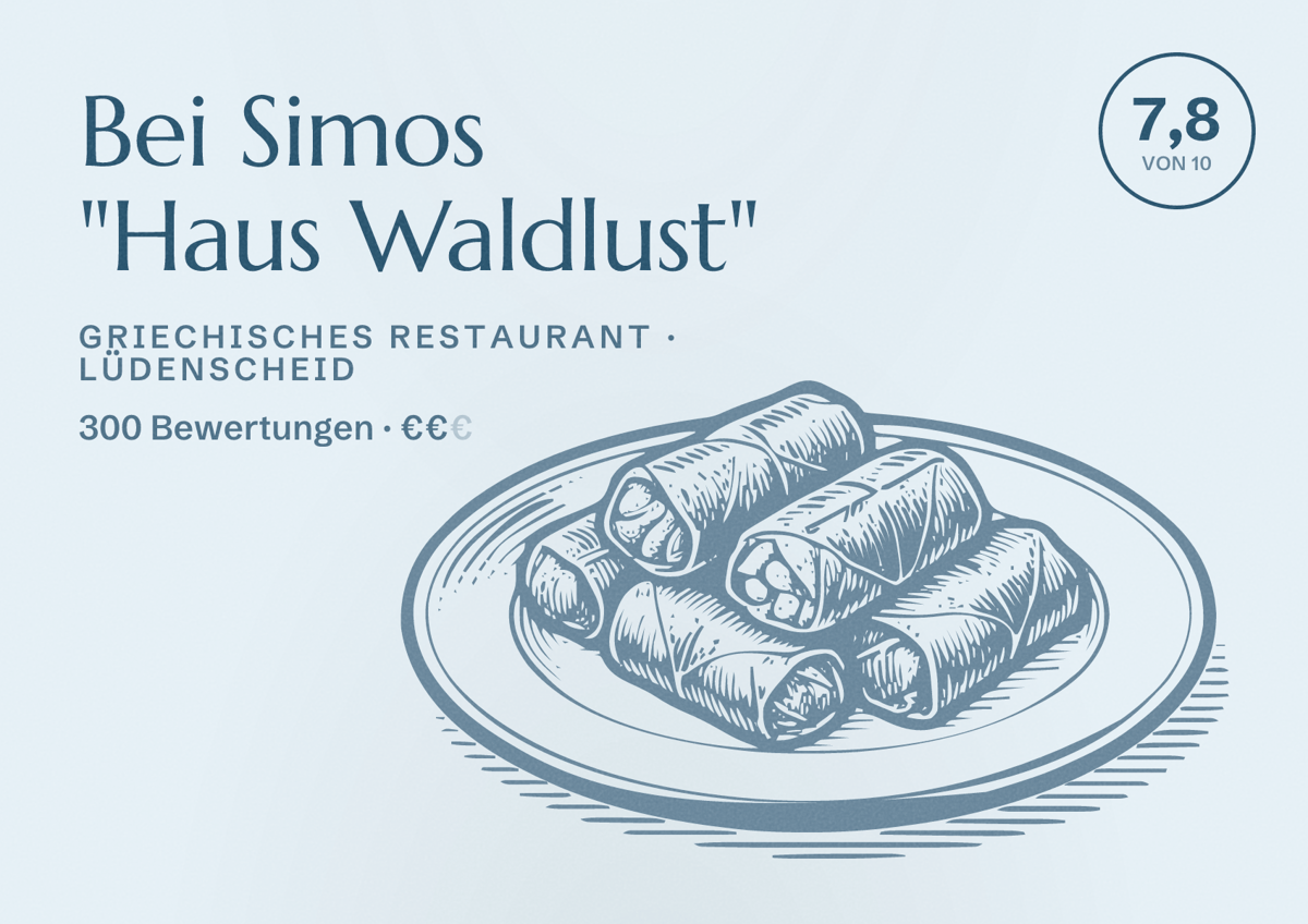 Illustriertes Poster von Bei Simos "Haus Waldlust", Griechisches Restaurant in Lüdenscheid: Bewertung 7,8 von 10 aus 300 Bewertungen, Preisniveau €€