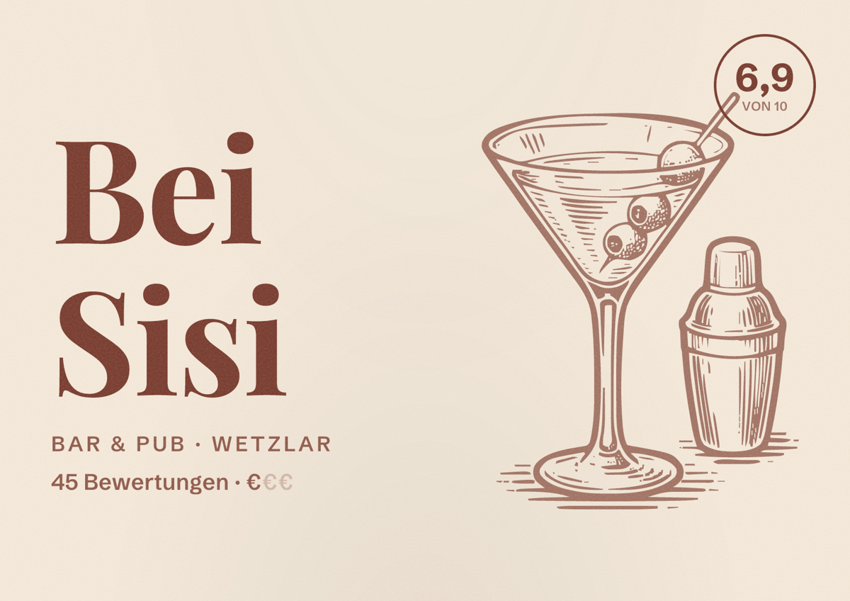 Illustriertes Poster von Bei Sisi, Bar & Pub in Wetzlar: Bewertung 6,9 von 10 aus 45 Bewertungen, Preisniveau €