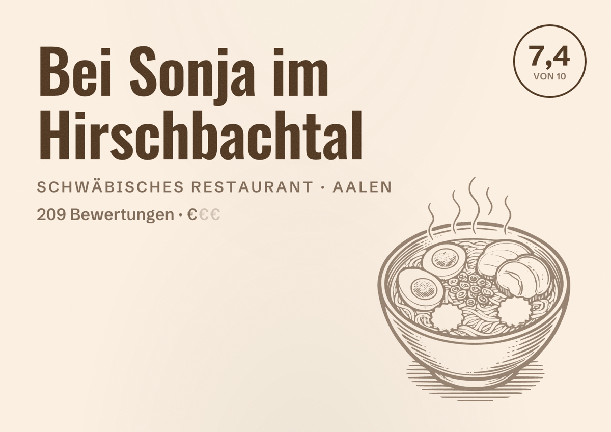 Illustriertes Poster von Bei Sonja im Hirschbachtal, Schwäbisches Restaurant in Aalen: Bewertung 7,4 von 10 aus 209 Bewertungen, Preisniveau €