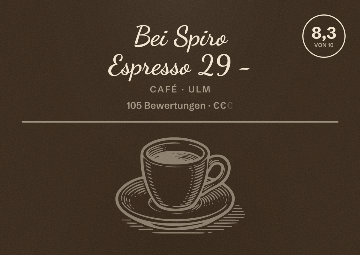 Illustriertes Poster von Bei Spiro Espresso 29 -, Café in Ulm: Bewertung 8,3 von 10 aus 105 Bewertungen, Preisniveau €€