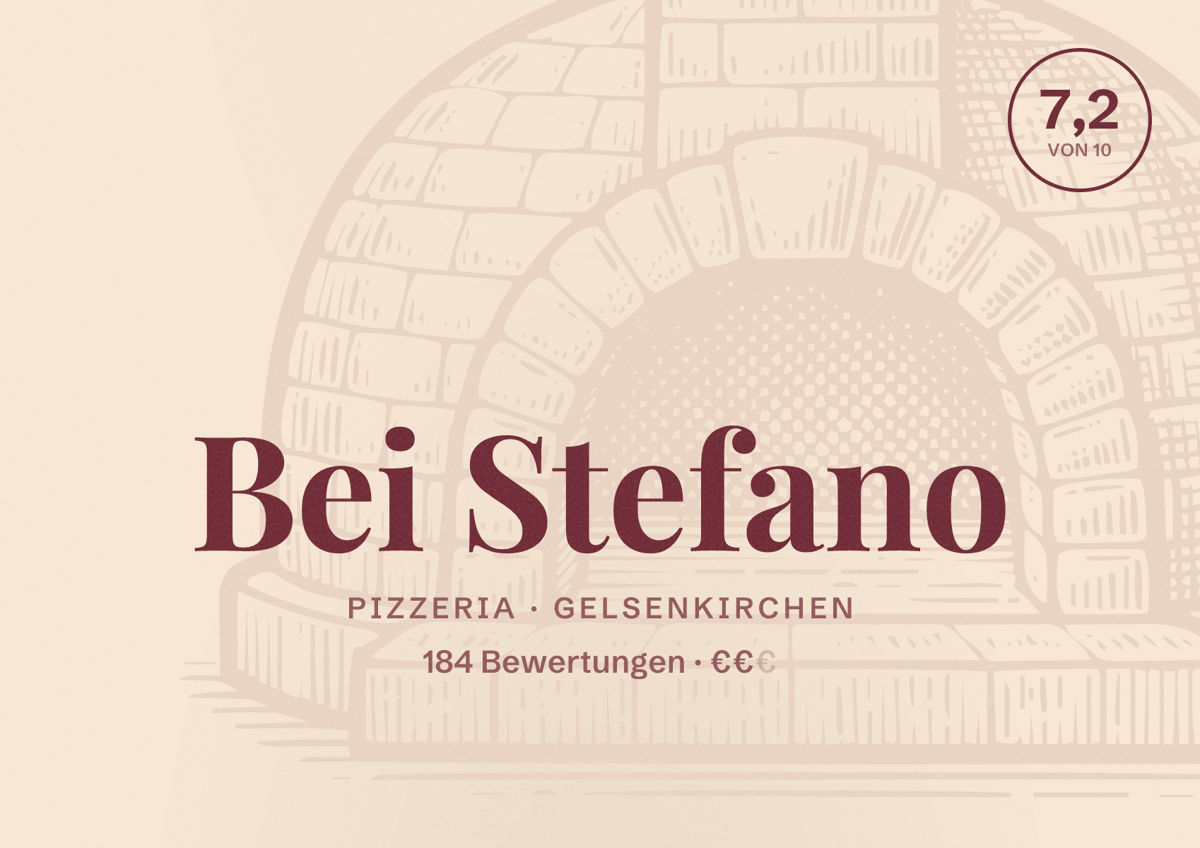 Illustriertes Poster von Bei Stefano, Pizzeria in Gelsenkirchen: Bewertung 7,2 von 10 aus 184 Bewertungen, Preisniveau €€