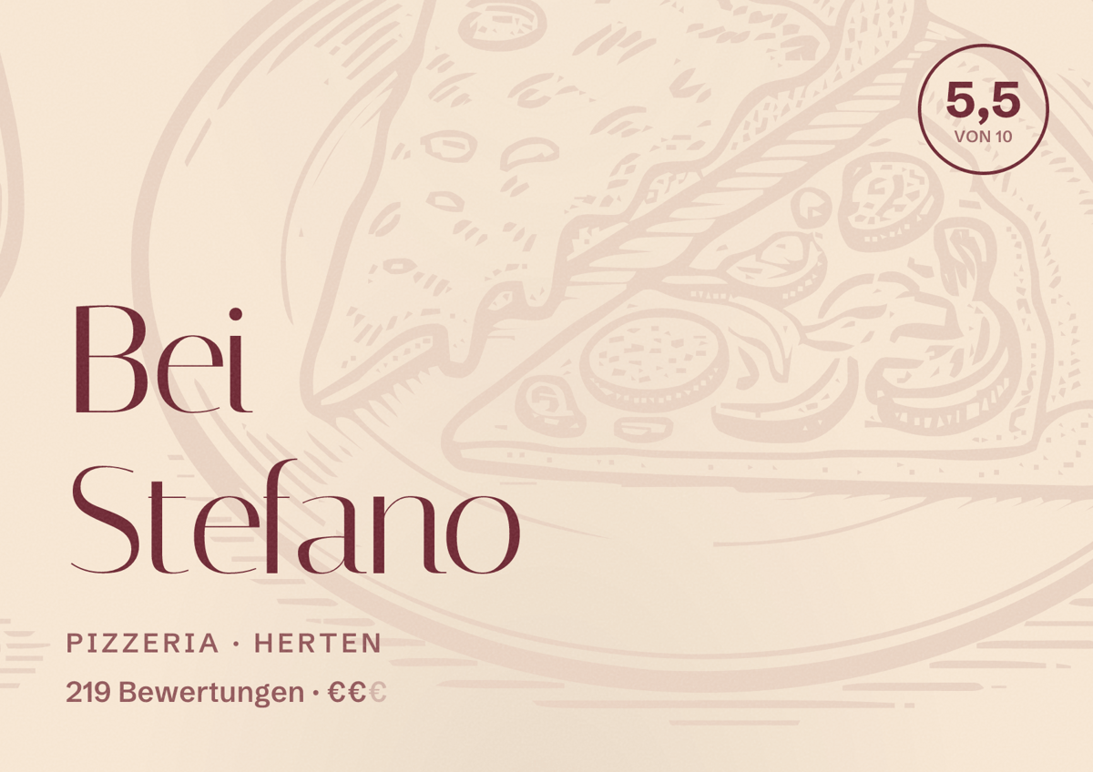 Illustriertes Poster von Bei Stefano, Pizzeria in Herten: Bewertung 5,5 von 10 aus 219 Bewertungen, Preisniveau €€