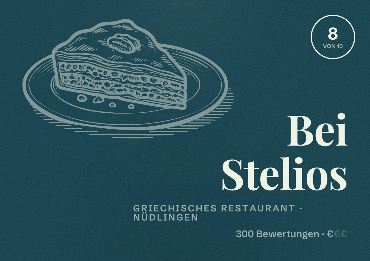 Illustriertes Poster von Bei Stelios, Griechisches Restaurant in Nüdlingen: Bewertung 8 von 10 aus 300 Bewertungen, Preisniveau €
