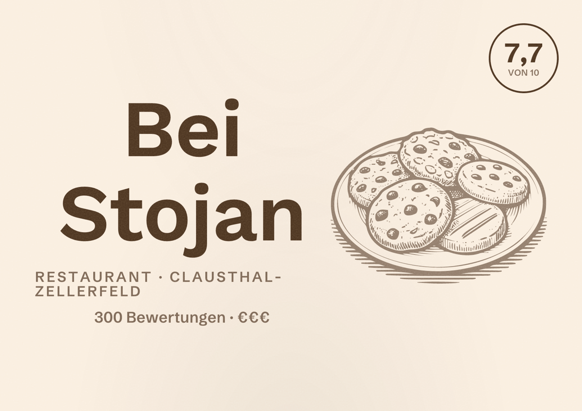 Illustriertes Poster von Bei Stojan, Restaurant in Clausthal-Zellerfeld: Bewertung 7,7 von 10 aus 300 Bewertungen, Preisniveau €€€