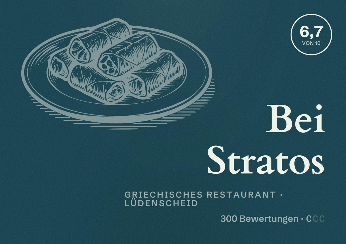 Illustriertes Poster von Bei Stratos, Griechisches Restaurant in Lüdenscheid: Bewertung 6,7 von 10 aus 300 Bewertungen, Preisniveau €