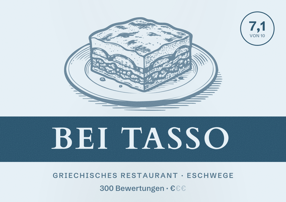 Illustriertes Poster von Bei Tasso, Griechisches Restaurant in Eschwege: Bewertung 7,1 von 10 aus 300 Bewertungen, Preisniveau €