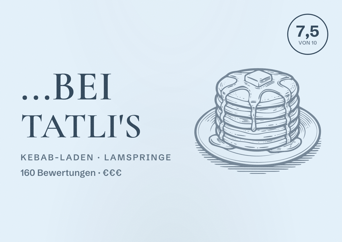 Illustriertes Poster von ...bei Tatli's, Kebab-Laden in Lamspringe: Bewertung 7,5 von 10 aus 160 Bewertungen, Preisniveau €€€