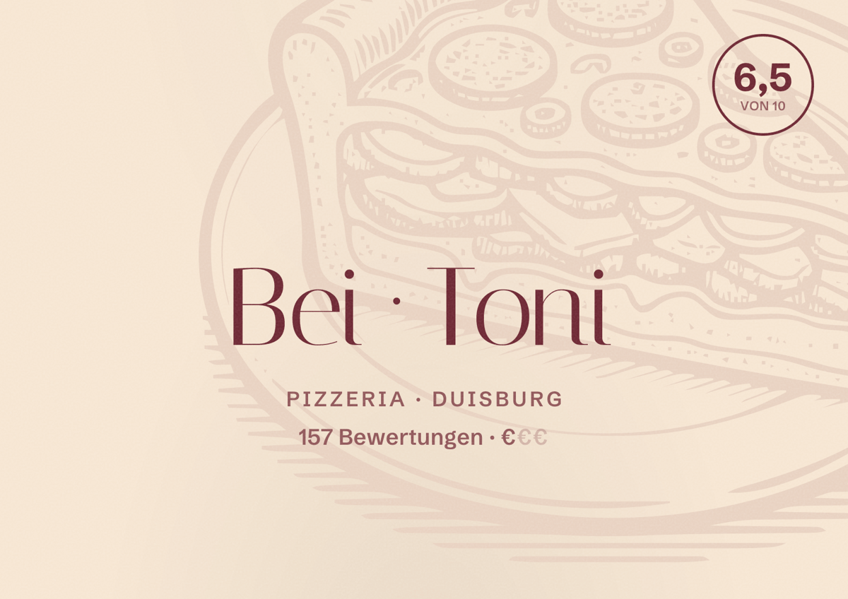 Illustriertes Poster von Bei Toni, Pizzeria in Duisburg: Bewertung 6,5 von 10 aus 157 Bewertungen, Preisniveau €