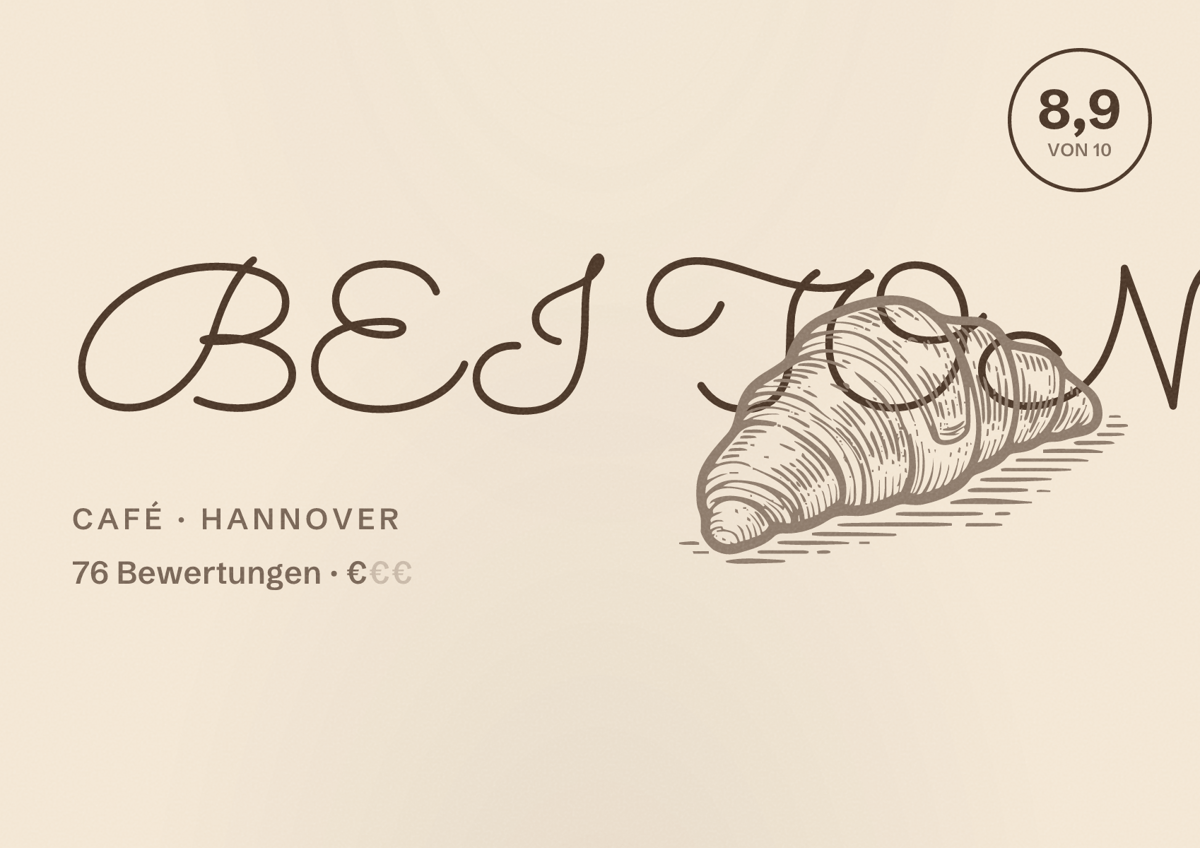 Illustriertes Poster von BEI TONI, Café in Hannover: Bewertung 8,9 von 10 aus 76 Bewertungen, Preisniveau €