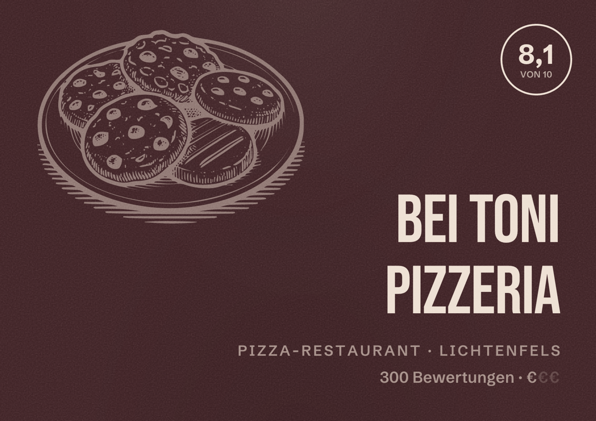 Illustriertes Poster von Bei Toni Pizzeria, Pizza-Restaurant in Lichtenfels: Bewertung 8,1 von 10 aus 300 Bewertungen, Preisniveau €