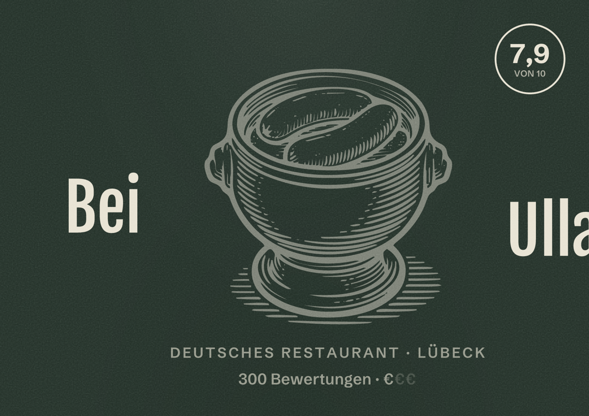 Illustriertes Poster von Bei Ulla, Deutsches Restaurant in Lübeck: Bewertung 7,9 von 10 aus 300 Bewertungen, Preisniveau €