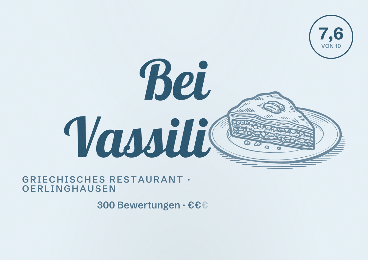 Illustriertes Poster von Bei Vassili, Griechisches Restaurant in Oerlinghausen: Bewertung 7,6 von 10 aus 300 Bewertungen, Preisniveau €€