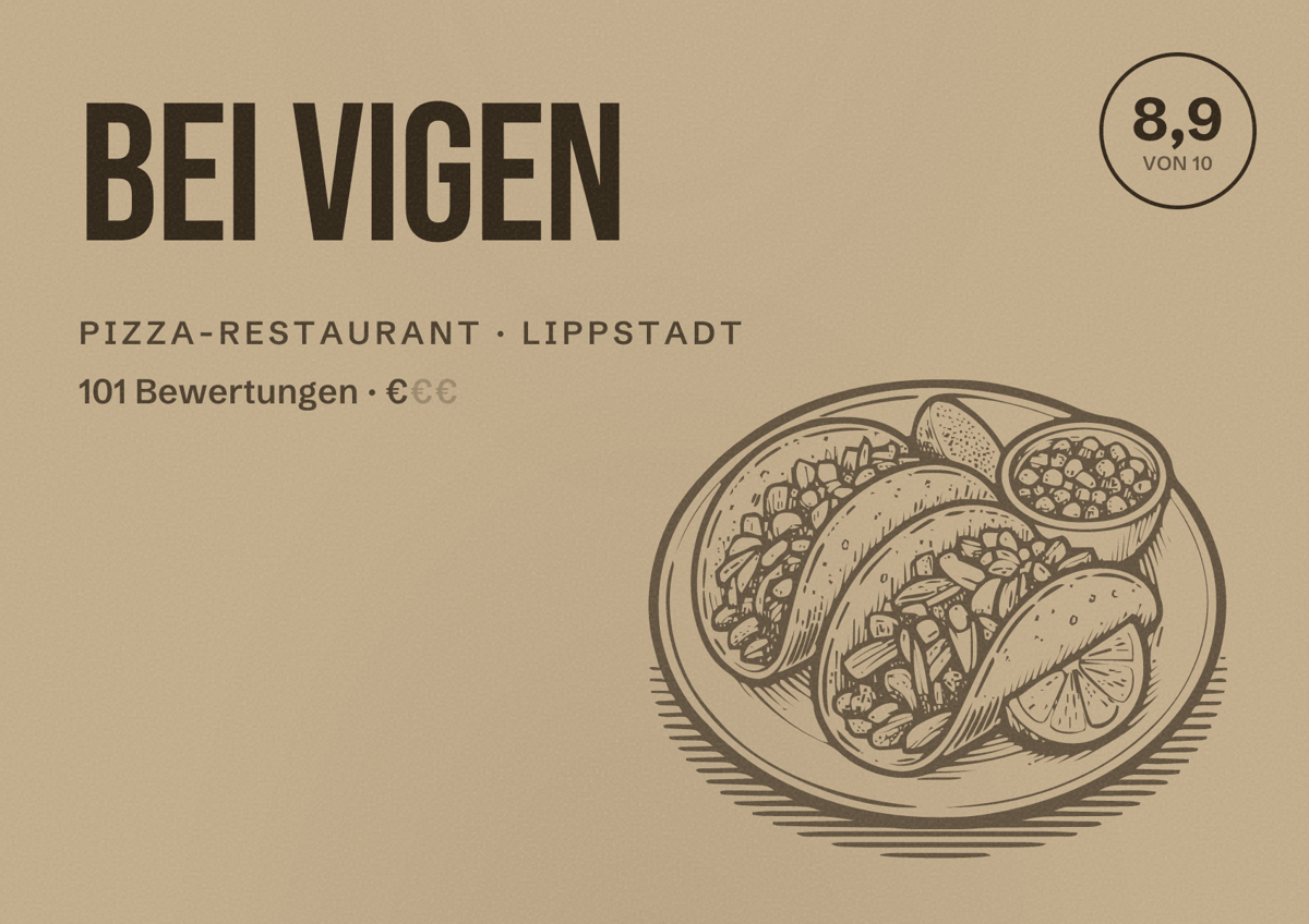Illustriertes Poster von Bei Vigen, Pizza-Restaurant in Lippstadt: Bewertung 8,9 von 10 aus 101 Bewertungen, Preisniveau €