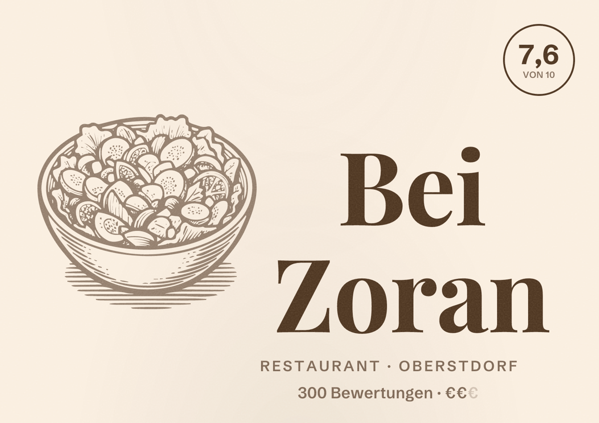 Illustriertes Poster von Bei Zoran, Restaurant in Oberstdorf: Bewertung 7,6 von 10 aus 300 Bewertungen, Preisniveau €€
