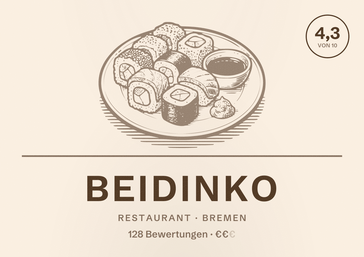 Illustriertes Poster von BeiDinko, Restaurant in Bremen: Gästebewertung 4,3 von 10 aus 128 Bewertungen