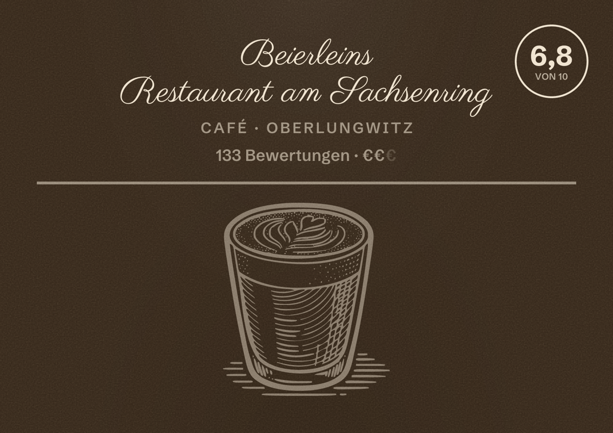 Illustriertes Poster von Beierleins Restaurant am Sachsenring, Café in Oberlungwitz: Bewertung 6,8 von 10 aus 133 Bewertungen, Preisniveau €€