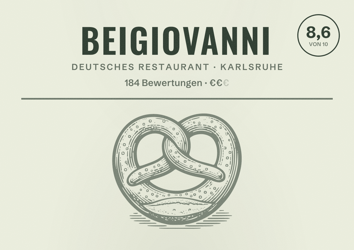 Illustriertes Poster von BeiGiovanni, Deutsches Restaurant in Karlsruhe: Bewertung 8,6 von 10 aus 184 Bewertungen, Preisniveau €€