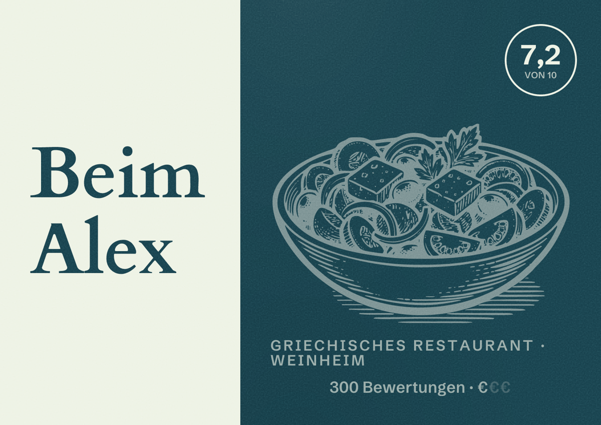 Illustriertes Poster von Beim Alex, Griechisches Restaurant in Weinheim: Bewertung 7,2 von 10 aus 300 Bewertungen, Preisniveau €