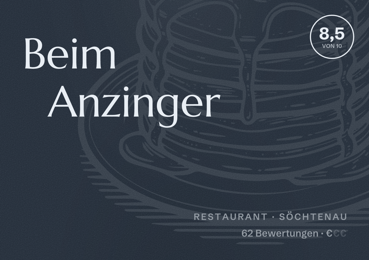 Illustriertes Poster von Beim Anzinger, Restaurant in Söchtenau: Bewertung 8,5 von 10 aus 62 Bewertungen, Preisniveau €