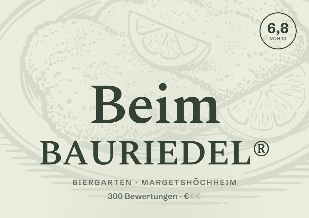 Illustriertes Poster von Beim BAURIEDEL®, Biergarten in Margetshöchheim: Bewertung 6,8 von 10 aus 300 Bewertungen, Preisniveau €