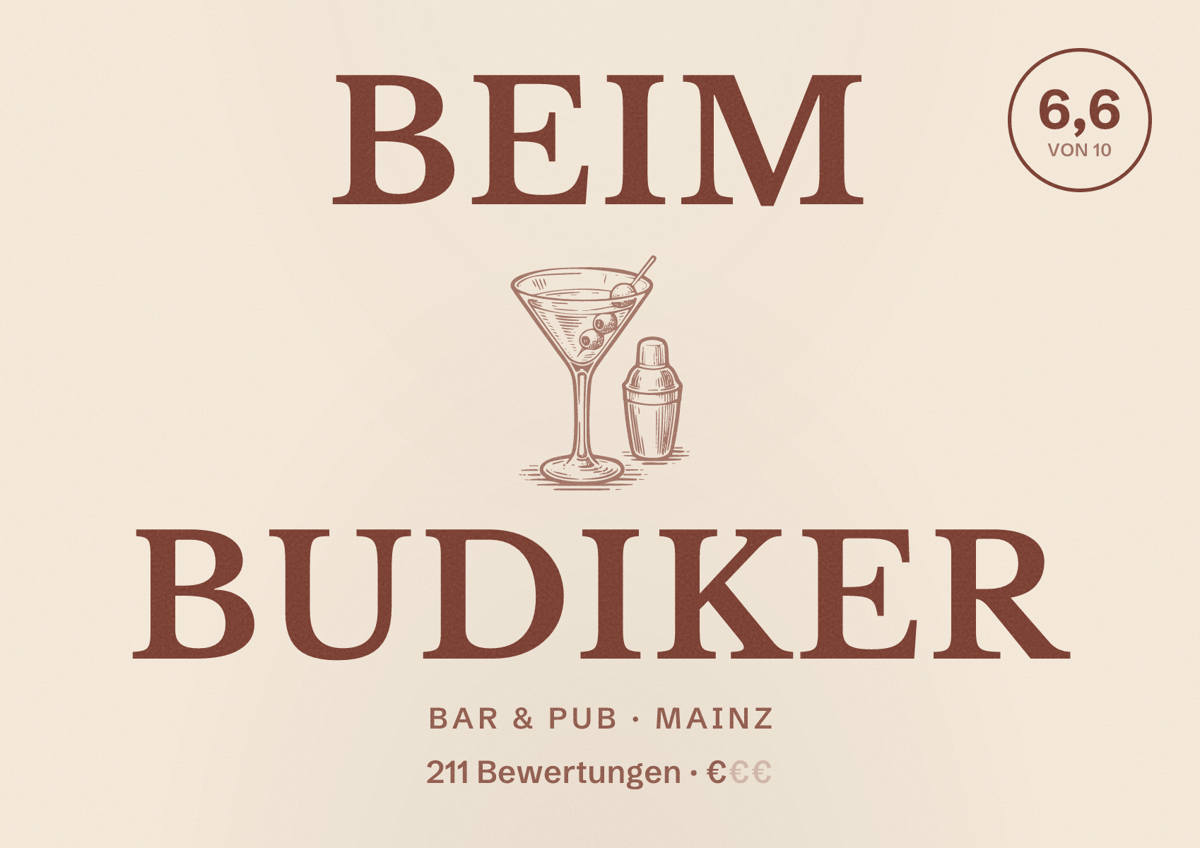 Illustriertes Poster von Beim Budiker, Bar & Pub in Mainz: Bewertung 6,6 von 10 aus 211 Bewertungen, Preisniveau €
