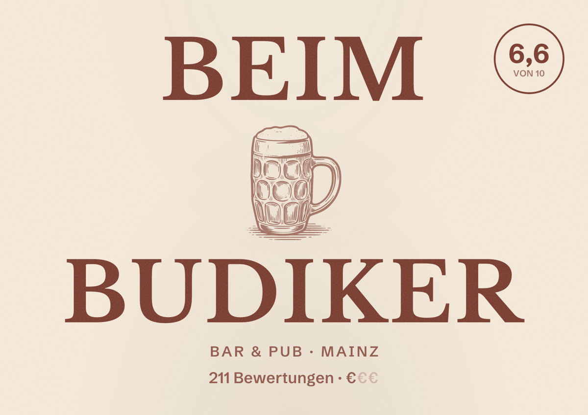 Illustriertes Poster von Beim Budiker, Bar & Pub in Mainz: Bewertung 6,6 von 10 aus 211 Bewertungen, Preisniveau €