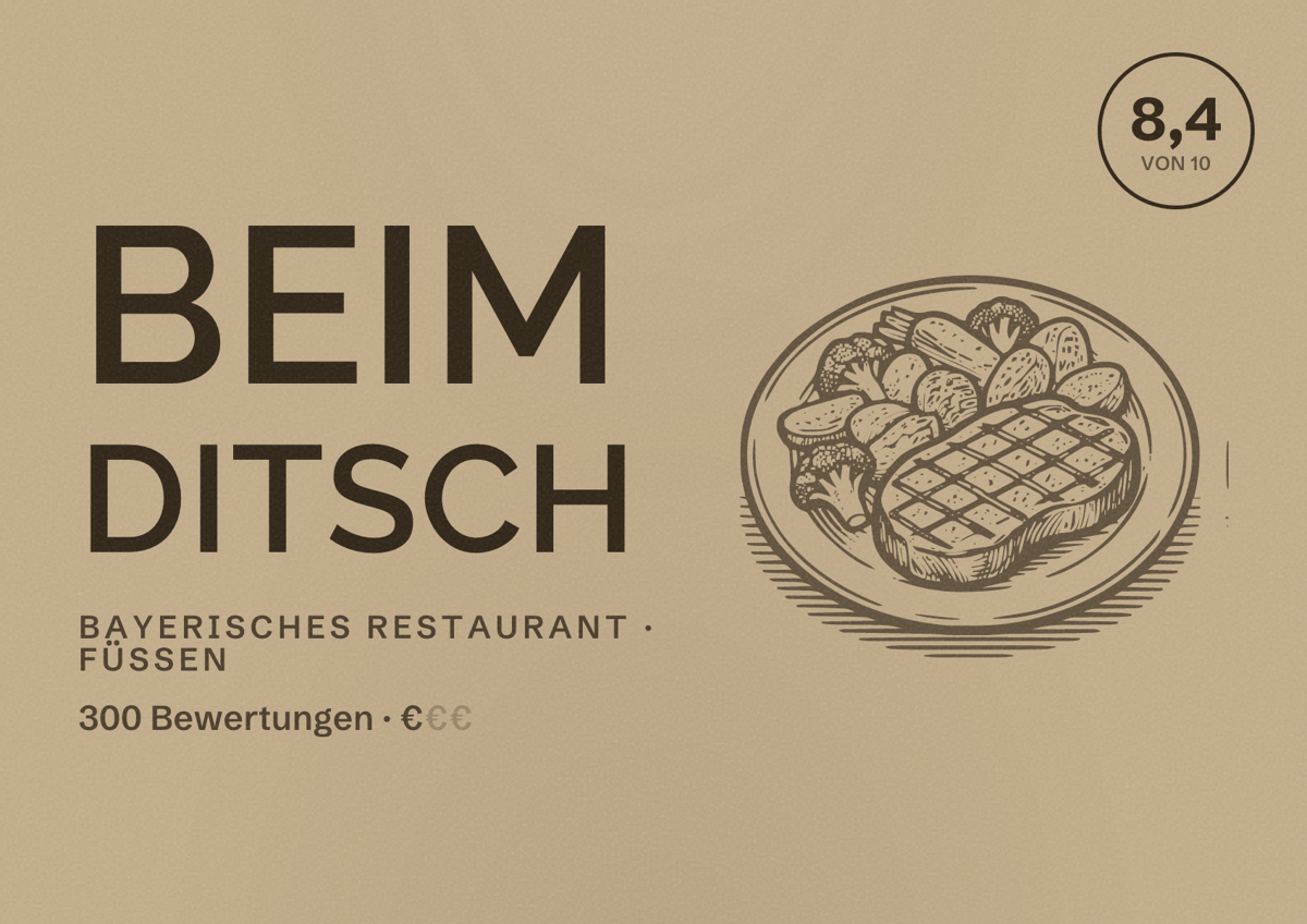 Illustriertes Poster von Beim Ditsch, Bayerisches Restaurant in Füssen: Bewertung 8,4 von 10 aus 300 Bewertungen, Preisniveau €